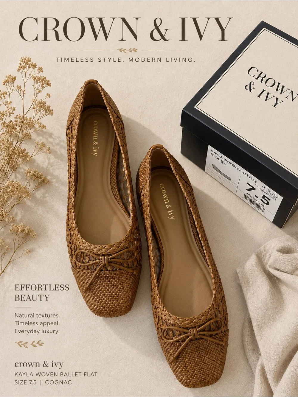 Crown & Ivy Kayla Woven Ballet Flats Cognac Rattan Look Bow Detail Size 7.5